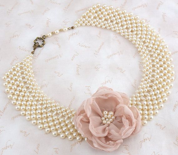 Wedding - Bridal Vintage Pearl Necklace Statement Necklace In Ivory And Blush With Pearls And Chiffon