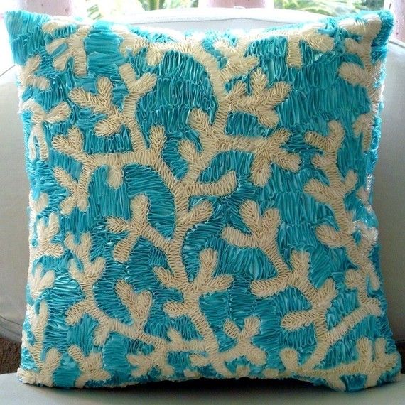 زفاف - Decorative Pillow Covers Accent Pillows Couch Toss Bed 16x16 Inch Ivory Silk Pillow Cover Ribbon Embroidered Home Decor Bedding Aqua Ornate