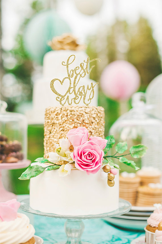 Свадьба - Wedding Cake Topper Best Day Ever Floating Topper Glitter Wedding Engagement Shower Cake Topper (Item - BDE900)
