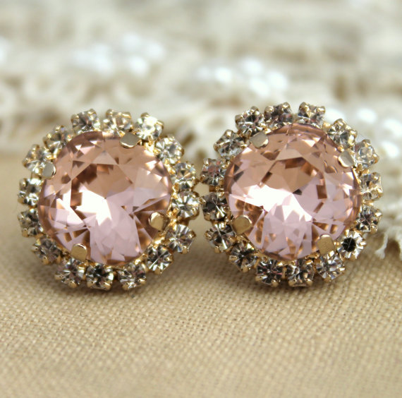 زفاف - Pink Blush earrings Blush Pink Stud Earrings French Pink Bridal earrings 14k 1 micron Thick plated gold or Silver light pink swarovski Studs