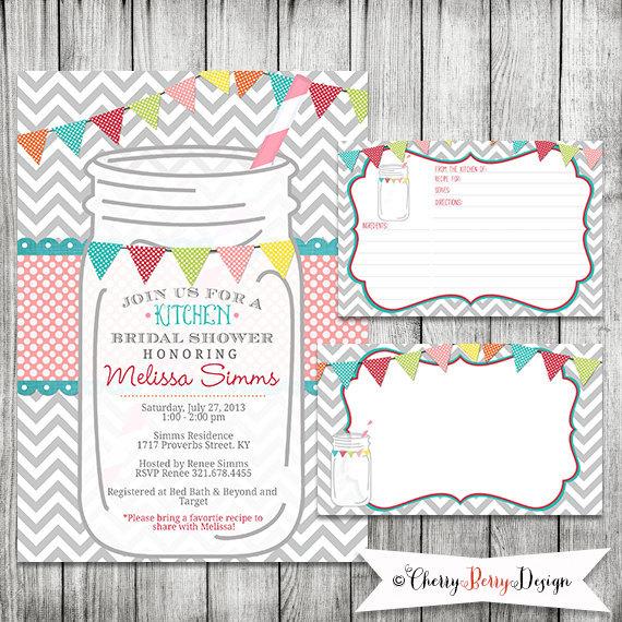 Hochzeit - Mason Jar Kitchen Bridal Shower Invite with matching Recipe Card & Blank Note Card