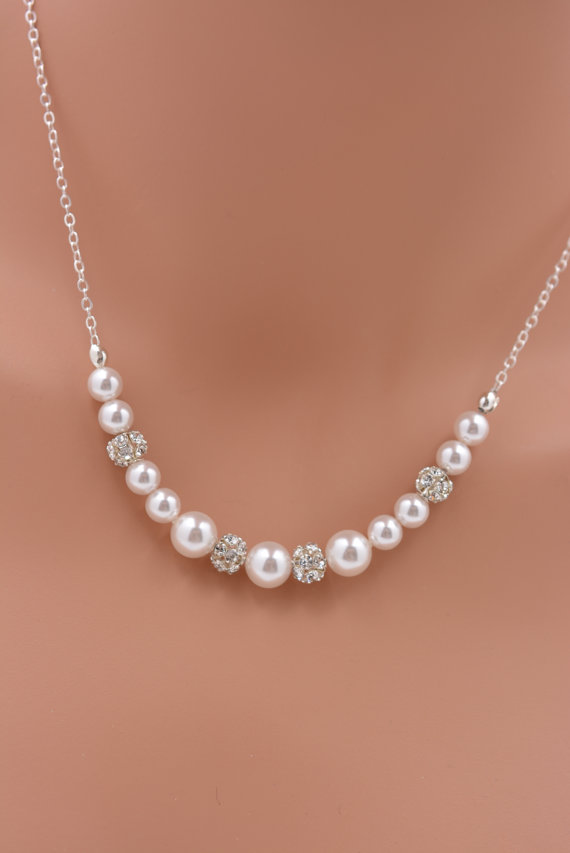 Wedding - Set of 5 Pearl Bridesmaid Necklaces, Set of 5 Bridesmaid Necklaces, Pearl and Rhinestone Necklaces, Pearl and Crystal 0232