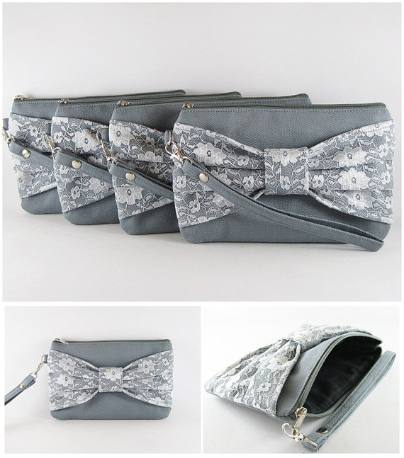 Wedding - SUPER SALE - Set of 2 Gray Lace Bow Clutches - Bridal Clutch,Bridesmaid Clutch,Bridesmaid Wristlet,Wedding Gift,Zipper Pouch - Made To Order