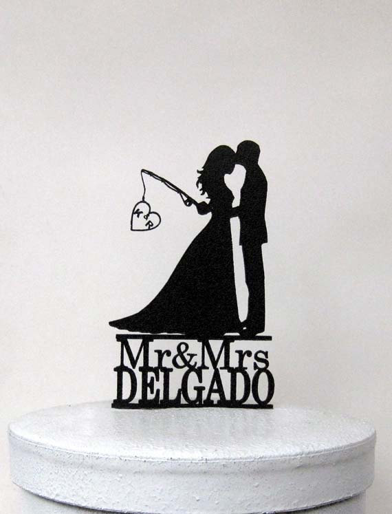 Hochzeit - Custom Wedding Cake Topper - Hooked on Love with personalized Initials + Mr & Mrs last name