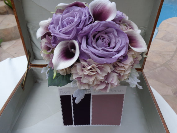 Wedding - Bridal bouquet in shades of plum designed with real touch Picasso calla lilies