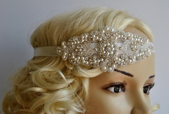 Свадьба - Pearl Rhinestone flapper Gatsby Headband, Wedding bridal Headband,Crystal Headband  Headpiece, Halo Bridal Headpiece, 1920s Flapper headband
