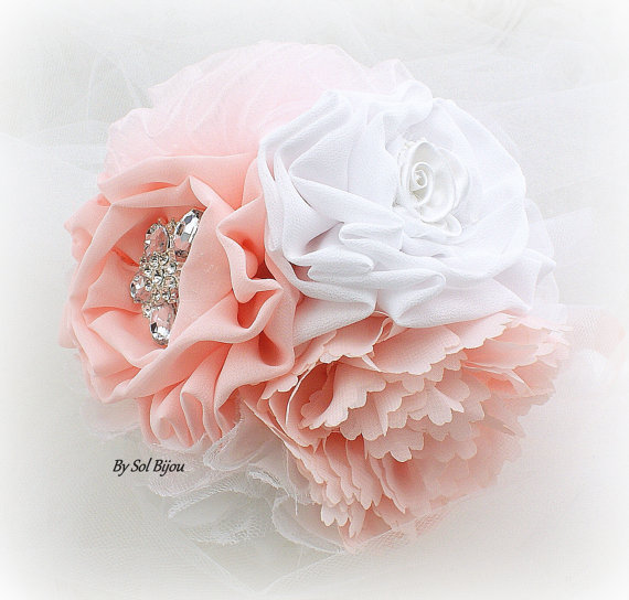 Свадьба - Bridesmaids Brooch Bouquet, Toss Bouquet, Maid of Honor in White, Blush and Pink with Lace, Chiffon and Crystal Brooch