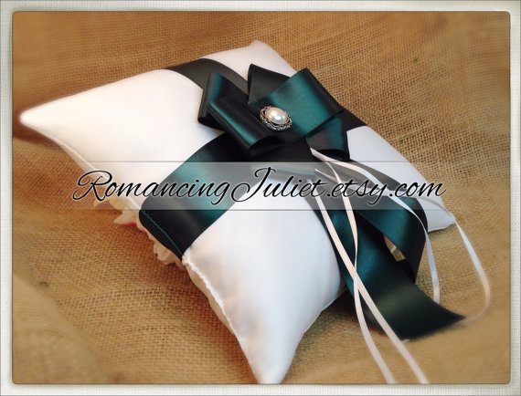 زفاف - Romantic Loops Satin Elite Ring Pillow with Delicate Pearl Accent...You Choose the Colors...BOGO Half Off...shown in white/hunter green