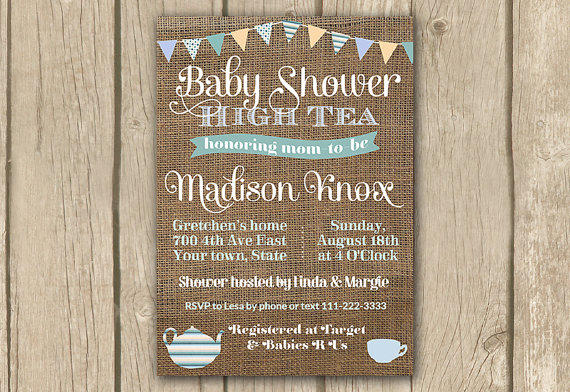 Mariage - baby shower high tea invitation, PRINTABLE, baby shower tea party invite, burlap bunting, baby boy, sky blue, tea set, digital invitation