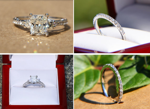 زفاف - SALE - Certified - 2.25 carats - Radiant cut Diamond Engagement ring and wedding band SET  - 14k White gold Bp018