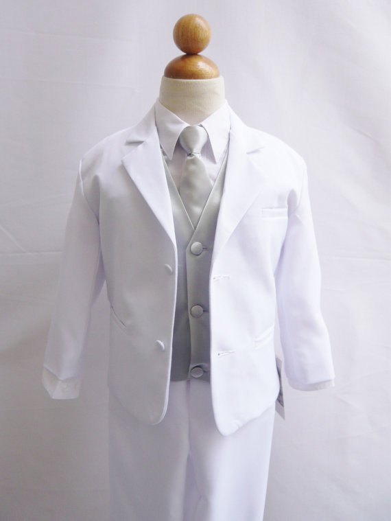 زفاف - Formal Boy Suit White with Silver Vest for Toddler Baby Ring Bearer Easter Communion Long Tie Size 16, 18, 20, and More