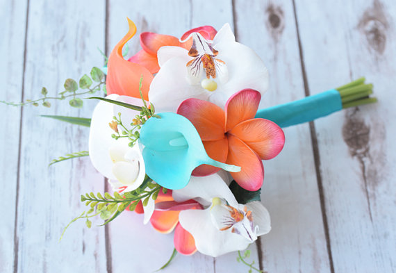 Hochzeit - Wedding Coral Orange and Turquoise Teal Natural Touch Orchids, Callas and Plumerias Silk Flower Small Bridesmaid Bride Bouquet