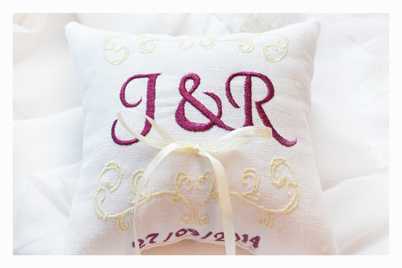 Hochzeit - Ring bearer pillow, wedding ring pillow , Linen Monogrammed ring pillow , Custom embroidered ring bearer pillow (R86)
