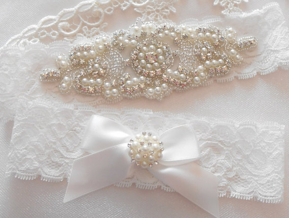 Wedding - Wedding Garter Set MONOGRAM OPTION Lingerie Lace Classic Pearls and Rhinestone Setting Bridal Garter Set