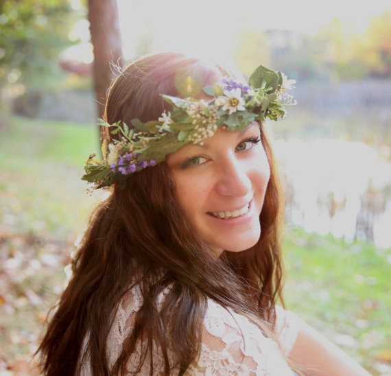 زفاف - Bridal dried Flower crown Woodland Hair Wreath headpiece -Mother Nature-artificial realistic greenery Barn Wedding Accessories garland halo