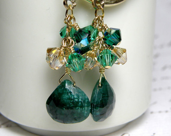 Wedding - Emerald Earrings, Green Gemstone, Natural Stone, Genuine, Real, Dangle, Gold Filled, Handmade Wedding Jewelry, May Birthday, Birthstone