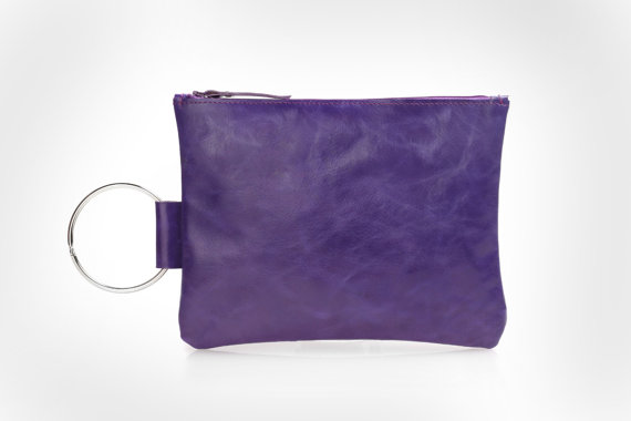Свадьба - Purple leather purse - Clutch bag - Purple wedding - Metal ring in Nickel color