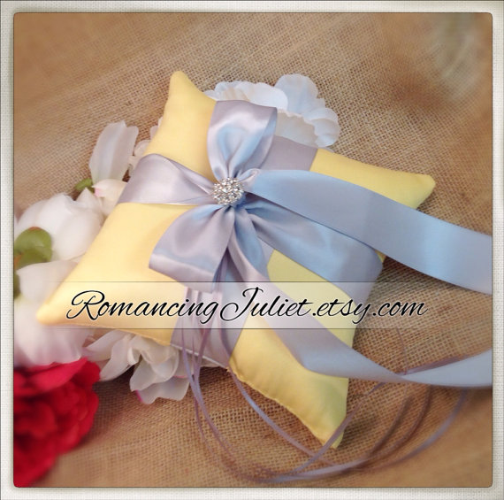 Hochzeit - Romantic Satin Elite Ring Bearer Pillow...You Choose the Colors...Buy One Get One Half Off...shown in canary yellow/silver gray