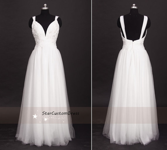 زفاف - Long Wedding Dress Silver Embroidered V-neck and Open Back Ivory Wedding Gown