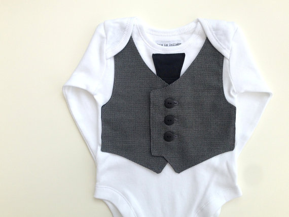 Wedding - Baby boy clothing, newborn boy gift, baby vest, christening clothes, baby wedding outfit, boys bodysuit with vest and tie, grey and black