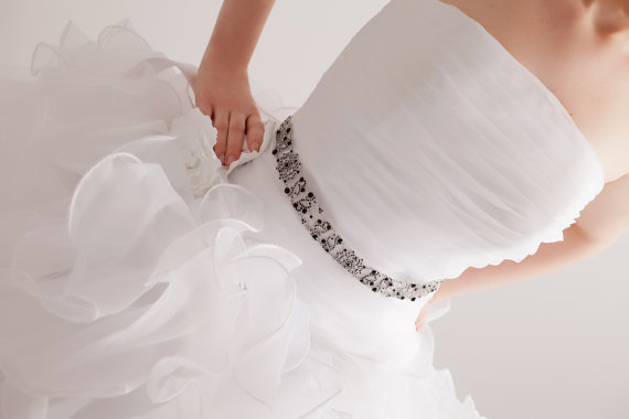 Hochzeit - Antoinette - Silver Jet Black Crystals Rhinestones Bridal Belt with a Vintage Flair
