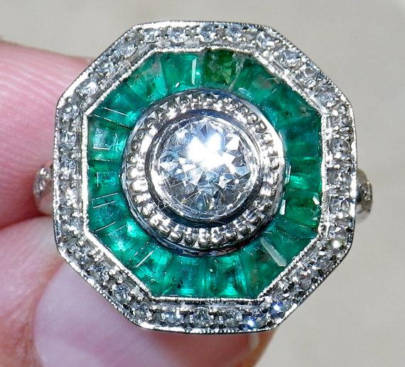 Hochzeit - Lovely Art Deco Platnium Emerald Diamond Wedding Engagement Ring - additional photos