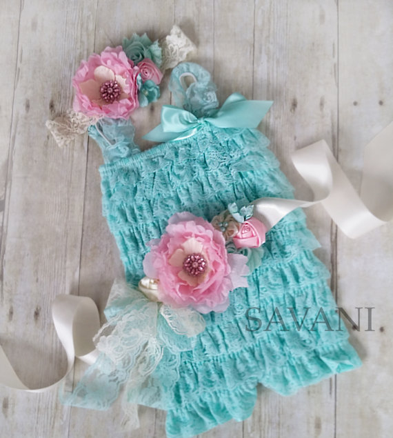 Wedding - Baby lace romper,Vintage shabby chic lace set, 3 pieces aqua and pink lace romper set.  , headband and belt, Baby Girl Photo Prop #