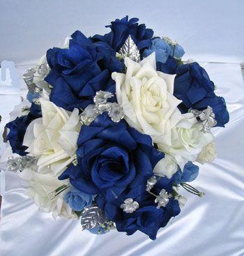 Hochzeit - 21pc Bridal Bouquet Wedding Flowers NAVY/ IVORY/ SILVER