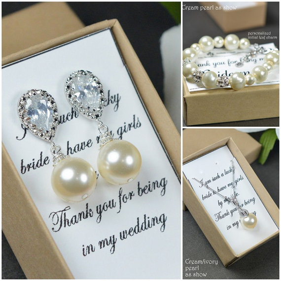 Mariage - Cream/ivory pearl earrings .Wedding Jewelry Bridesmaid Gift Bridesmaid Jewelry Bridal Jewelry Pearl Drop Earrings Cubic Zirconia Earrings