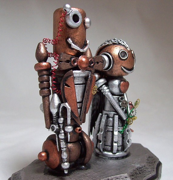 Mariage - Steampunk Wedding Cake Topper Victorian Wood Robot Bride and Groom