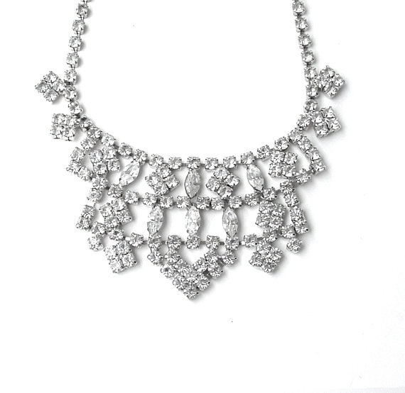 Hochzeit - Glamour Vintage Rhinestone Bib Necklace, Faux Diamond Weddings Bridal Jewelry, Queen Sparkle Plenty