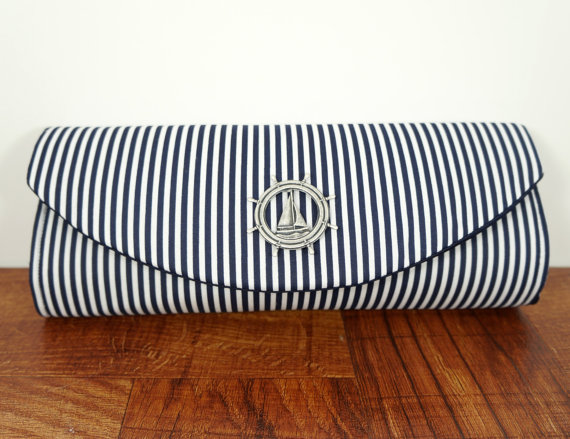 Hochzeit - Nautical clutch, navy blue clutch bag with silver ships wheel, bridesmaid clutch, nautical wedding. Made to Order