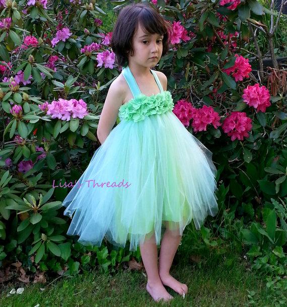Mariage - Fairy Garden flower girl dress/ Junior bridesmaids dress/ Flower girl pixie tutu dress/ Mint birthday dress