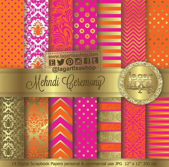 Hochzeit - Mehndi Ceremony Gold Hot Pink Tangerine Orange Indian Wedding Digital Paper Patterns Backgound for Invitations Labels Thank you cards