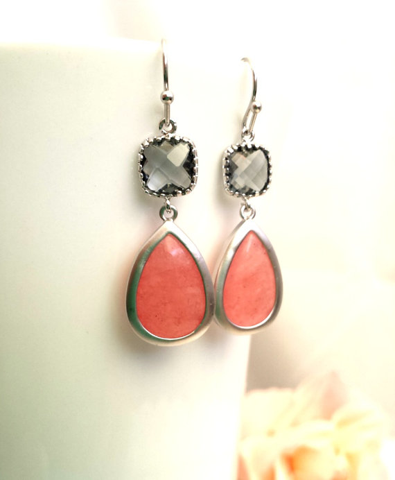 Mariage - Coral Earrings, Gray Earrings, Coral Pink Wedding Earrings, Drop, Dangle Earrings, bridesmaid gifts, Bridal jewelry, Grey earrings