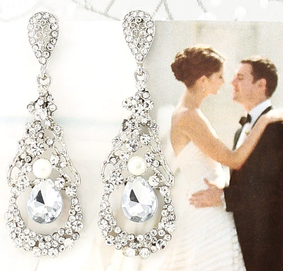 Mariage - Bridal Earrings Wedding Earrings Wedding Jewelry Bridal Jewelry Vintage Inspired "Freshwater Pearl" Crystal Drop Earrings Style-184BI