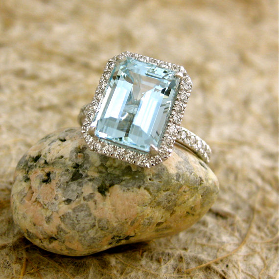 Wedding - Sky Blue Green Aquamarine Engagement Ring in 18K White Gold with Diamonds Size 6.5