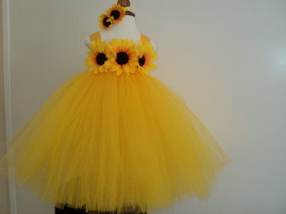 زفاف - Ready to ship handmade one of a kind girl's yellow empire waist Sunflower tutu dress w/headband.  Wedding, Cake Smash, Pageant, Photo Prop
