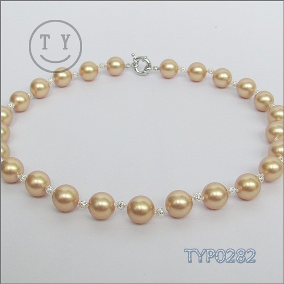 Mariage - Swarovski Pearl Necklace 12mm Champagne Round Shell Pearl Beads Neck Chain with Hollow Out Alloy Beads