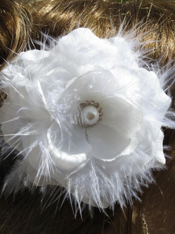 Mariage - White(Ivory) Bridal Flower Hair Clip Wedding Accessory  Crystals Feathers Pearl