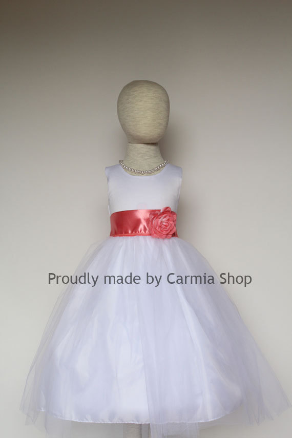 Свадьба - Flower Girl Dresses - WHITE with Guava Coral (FRBP) - Easter Wedding Communion Bridesmaid - Toddler Baby Infant Girl Dresses