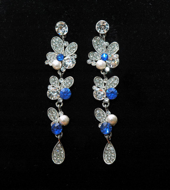 زفاف - Wedding Blue Earrings, Something Blue Earrings, Bridal Blue Jewelry, Long Dangle Rhinestone Earrings