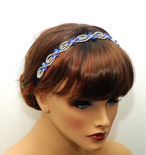 Hochzeit - Something Blue Bridal Headpiece, Wedding Crystal Chain Headband, 1920s Wedding Hair Chain, Blue Jewelry