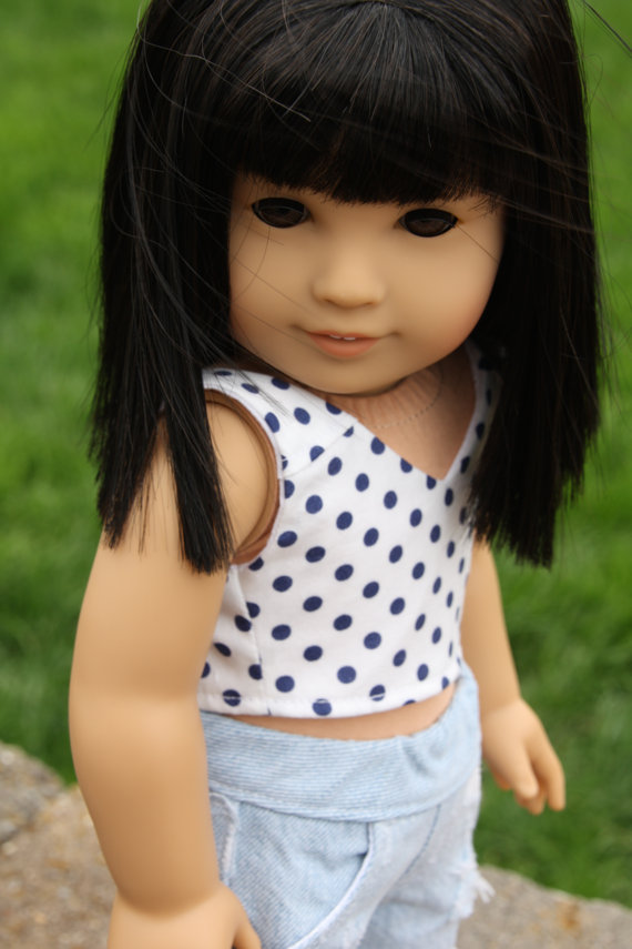 Wedding - White with Blue Dots Woven V-Neck CROP TOP for 18 Inch Trendy American Girl Doll