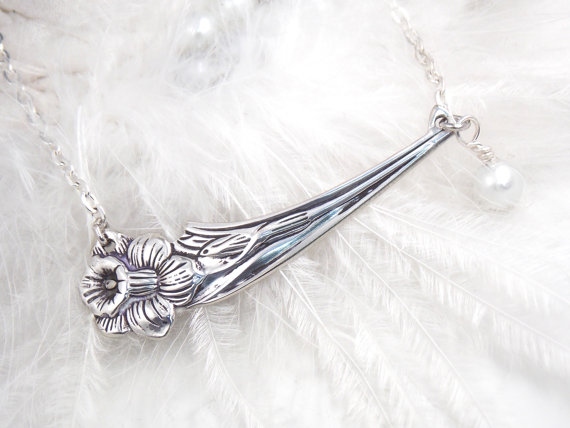 Wedding - Spoon Jewelry, Spoon Necklace, Silver Bar Necklace, HAND SCULPTED Vintage Silver Pendant, Silverware Pendant - 1950 DAFFODIL