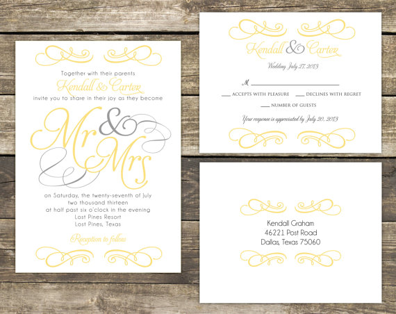 Hochzeit - PRINTABLE Wedding Invitation Suite DIY - Mr and Mrs Yellow and Gray Wedding Collection  (Colors and Wording Can Be Customized)