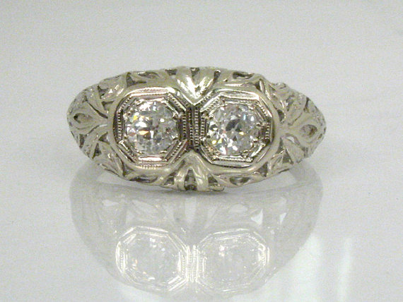 Mariage - Vintage Old European Cut Diamond Engagement Ring - Two Stone Ring - Appraisal Included