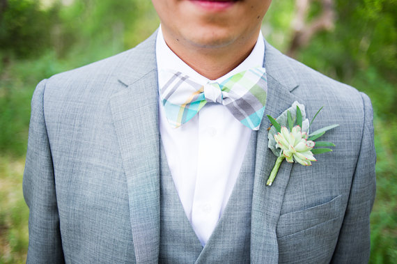 زفاف - The Beau- men's aqua/gray/lime plaid freestyle self-tie bow tie