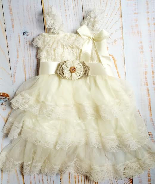 زفاف - Ivory Ruffle Lace Burlap "Cami" Dress, With Sash and Headband, Toddler Rustic Shabby Chic, Country Chic Wedding Flower Girl dress