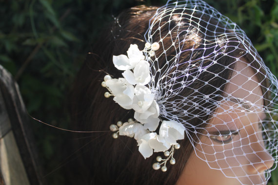 Wedding - Bridal Birdcage Bandeau Veil  French Netting Russian Netting, Ivory Silk Dupioni Flowers, Swarovski Pearls